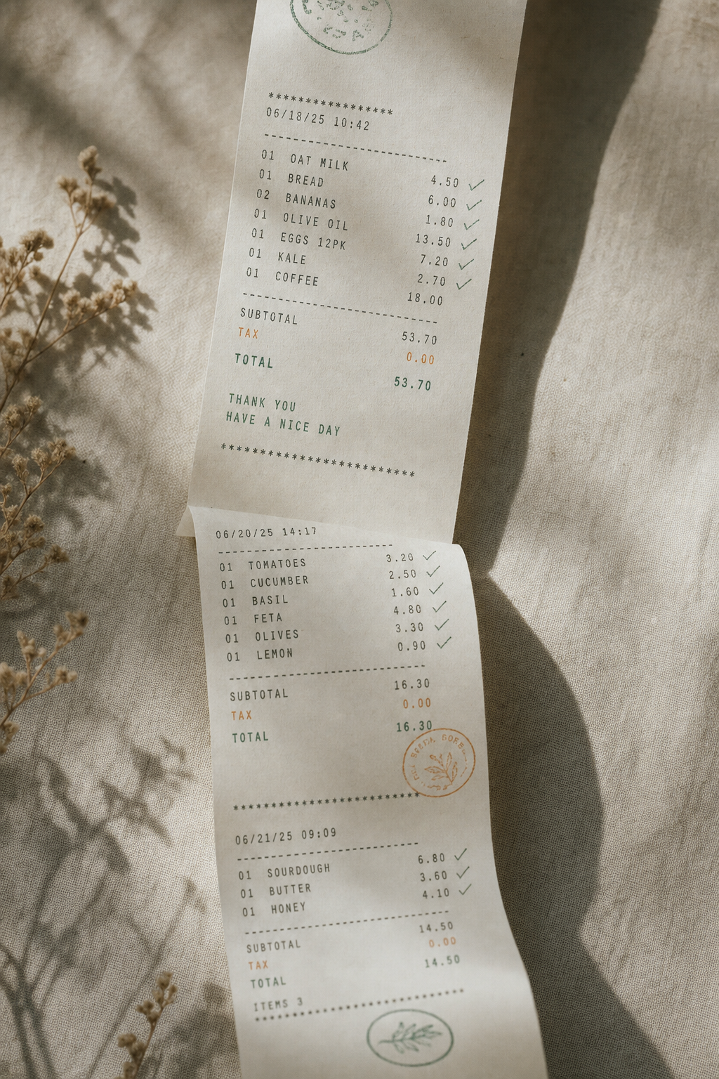 A long thermal-paper receipt printout with itemized entries, checkmarks, and small verification stamps, resting on a linen surface